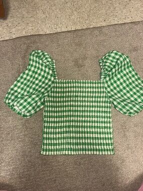 BB Dakota Green and White Gingham Puff-Sleeve Crop Top